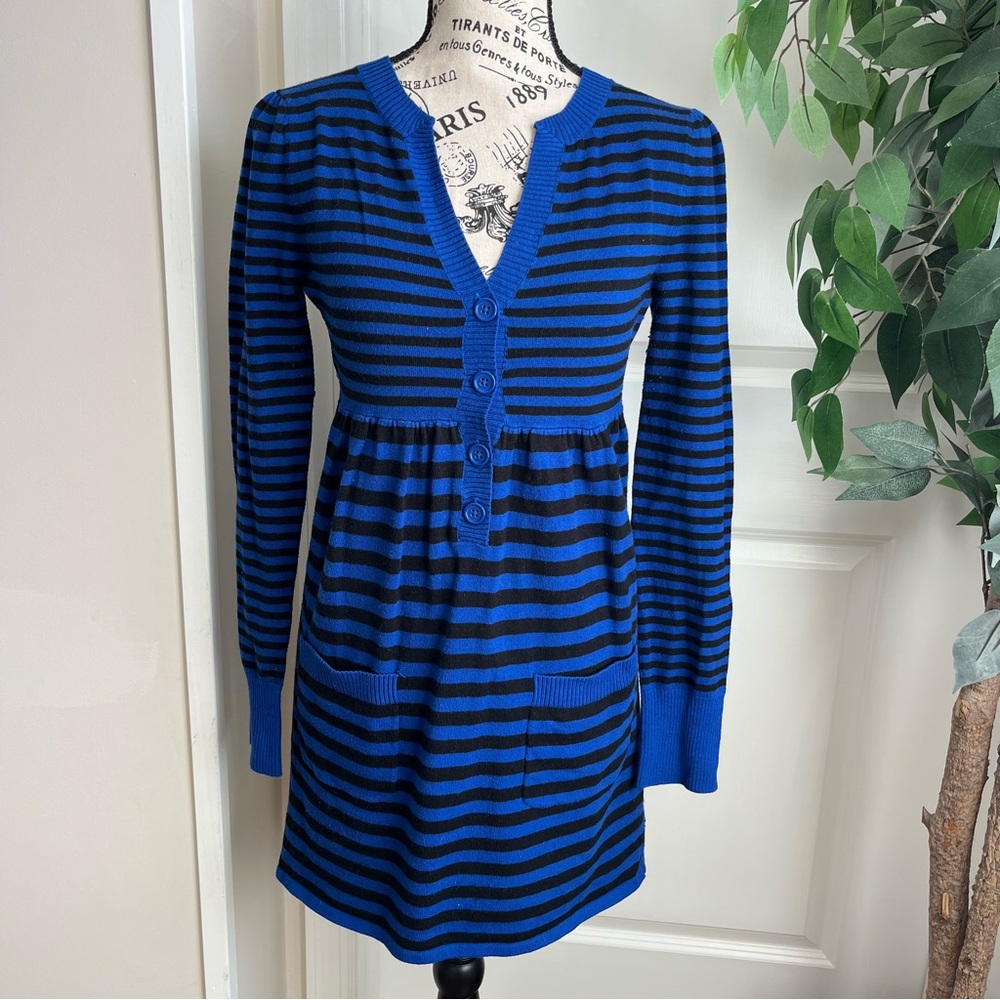 Mandee Stripe Long Sleeve Button Front Knit Tunic Dress Blue Sz M
